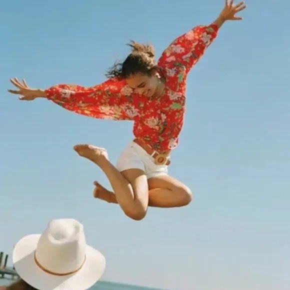 Anthropologie Maeve Lake House Red Floral Print Blouson Balloon Sleeve Blouse L - Picture 4 of 7